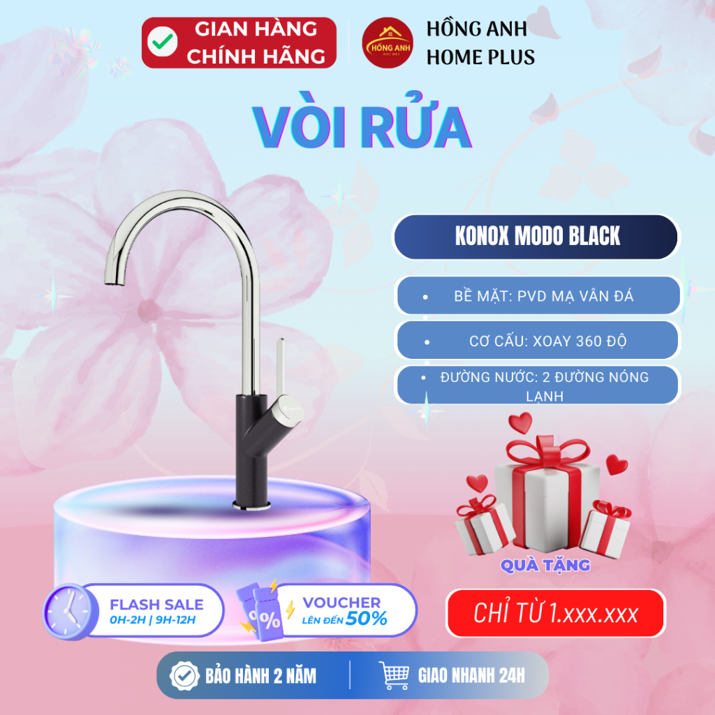 Vòi rửa bát Konox Modo Black, xoay 360 độ, nóng lạnh, hợp kim đồng CW617N, mạ PVD cao cấp