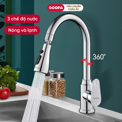 Vòi rửa chén nóng lạnh GOOPA 3 chế độ phun nước, chất liệu thép không gỉ, xoay 360 độ tiện lợi