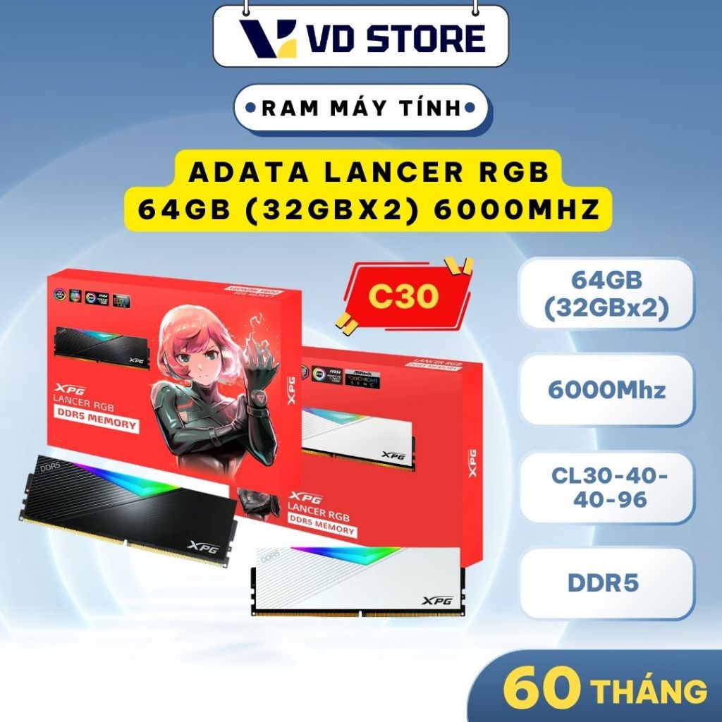 [DDR5 CL30] Ram máy tính ADATA XPG LANCER RGB 64GB (32GBx2) DDR5 6000MHZ - Hàng chính hãng