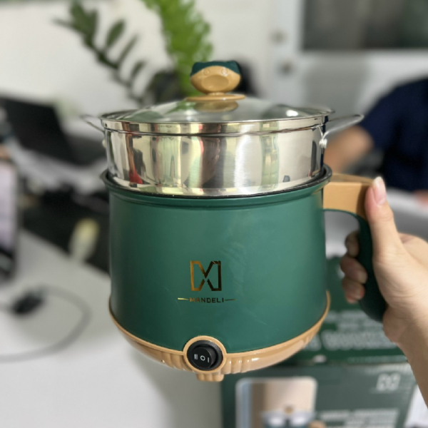 Nồi Lẩu Điện Mini Đa Năng Mandeli / Misu 1.8L - Ca Nấu Mì Có Tay Cầm, Tặng Kèm Lồng Hấp Inox, Công S