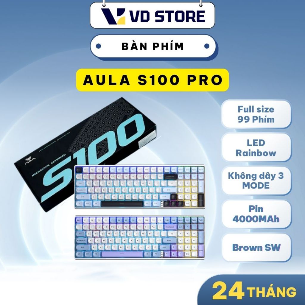 Bàn phím AULA S100 PRO - 3 Mode kết nối - Hotswap - Led Rainbow - Bảo hành chính hãng Aula