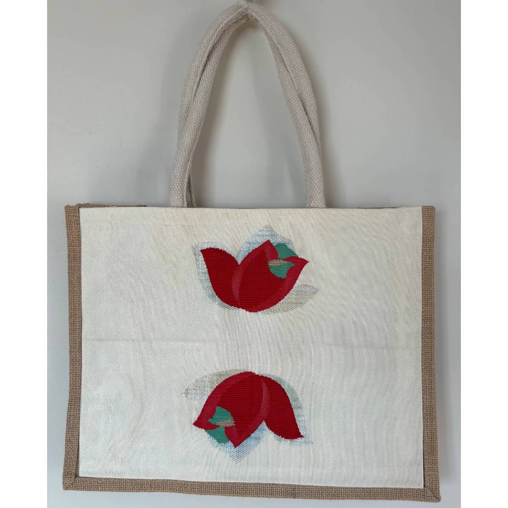 Handmade Japanese Obi Jute Tote Bag | Floral Pattern | Natural Jute | Medium Size