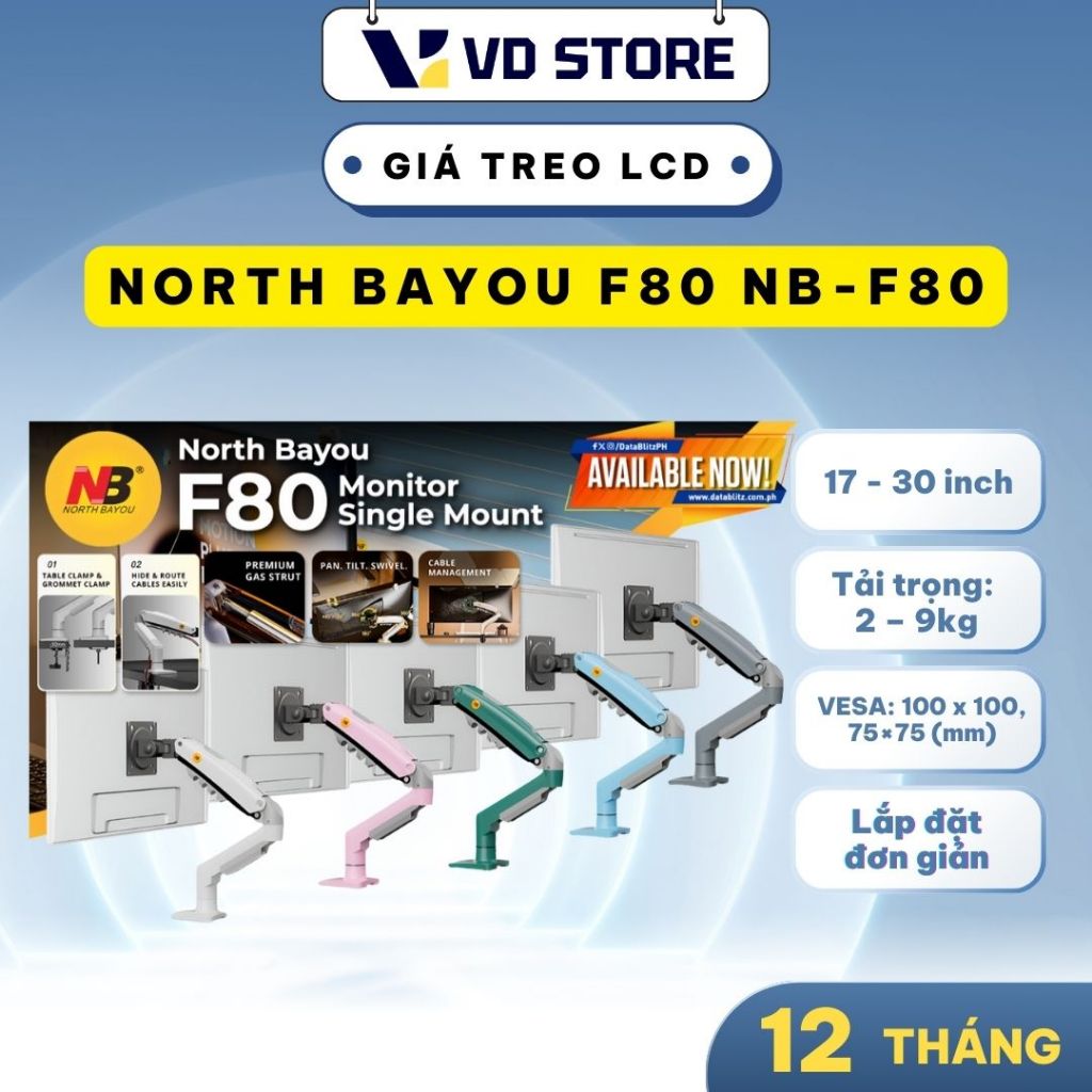 Giá đỡ màn hình / ARM NORTH BAYOU F80 NB-F80  Tải trọng 2 – 9kg - Hỗ trợ 17 - 30 inch - Chính Hãng