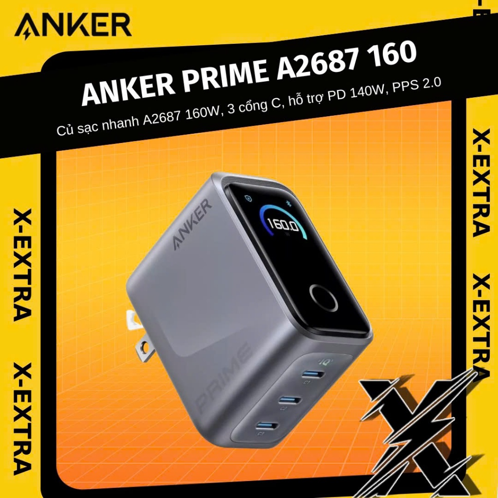 Củ Sạc Nhanh ANKER Prime A2687 160W, 3 cổng Type C, Màn Hình Chi Tiết, Hỗ Trợ PD 140W, PPS 2.0, Mẫu 