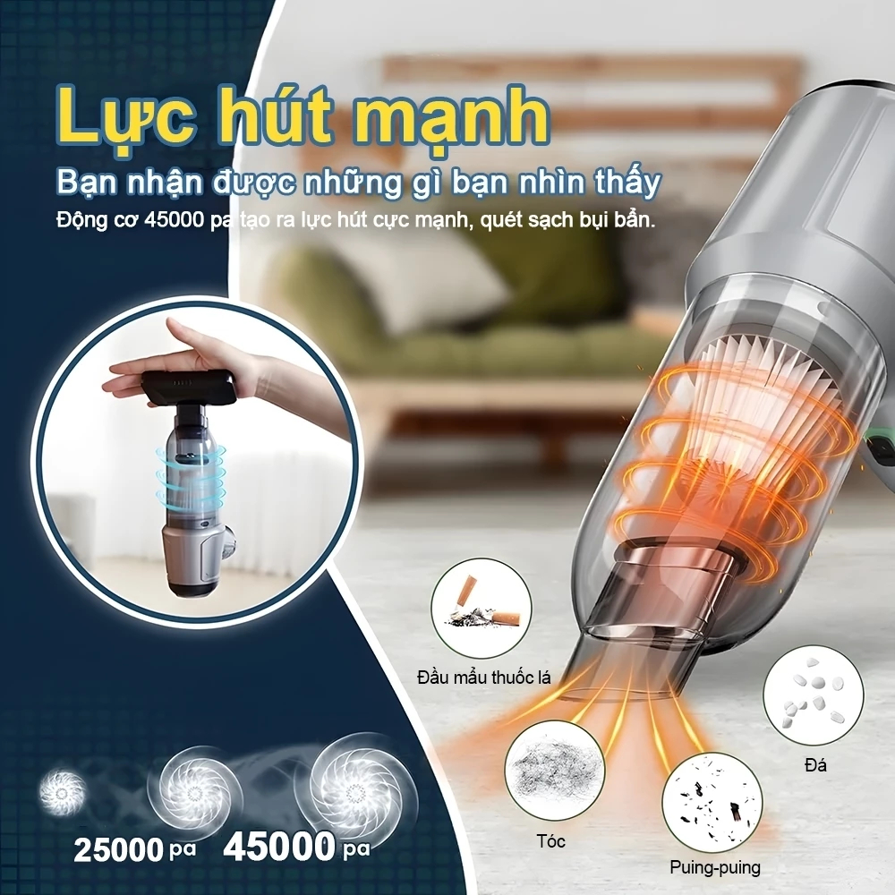 Máy Hút Bụi Cầm Tay Không Dây TAMASHIO Dùng Cho Ô Tô & Gia Đình, Lực Hút 9000Pa, Pin 4000mAh, 6 Đầu Hút