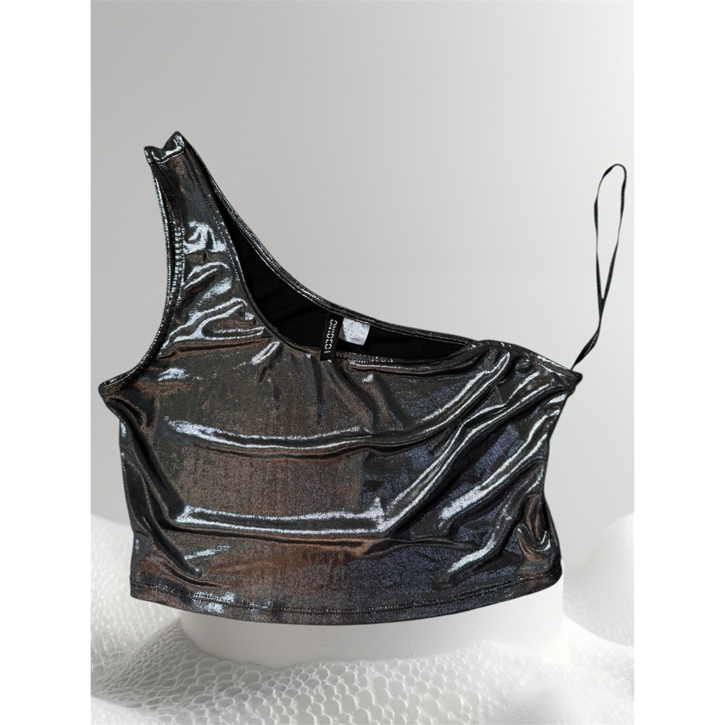 áo lệch vai metalic divided xám