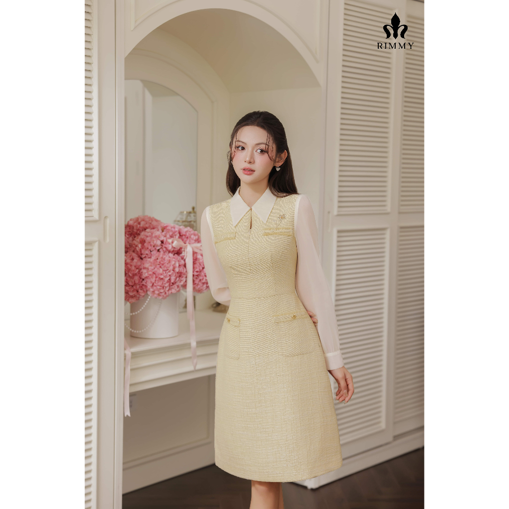 SADIE Đầm Tuytsi Dệt Sợi Phối Tay Voan Cổ Sơ Mi Thanh Lịch Thời Trang Thiết Kế Rimmy