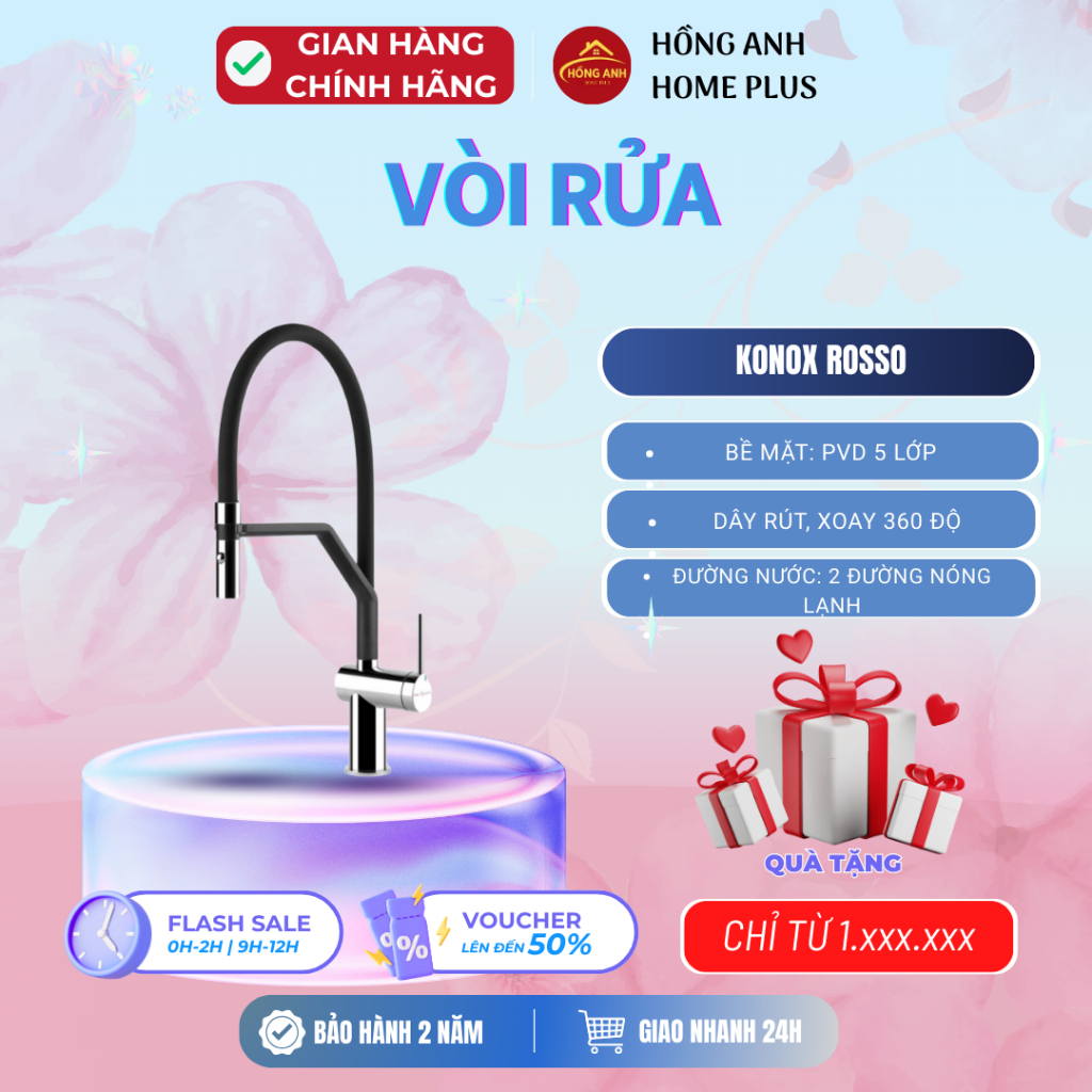 Vòi rửa bát Konox Rosso, dây rút xoay 360 độ, nóng lạnh, mạ PVD vân đá đen, hợp kim đồng CW617N