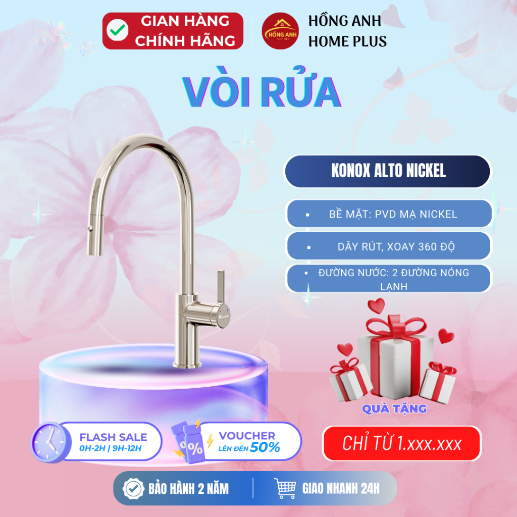 Vòi rửa bát Konox Alto Nickel, dây rút xoay 360 độ, nóng lạnh, mạ PVD Nickel, hợp kim đồng CW617N