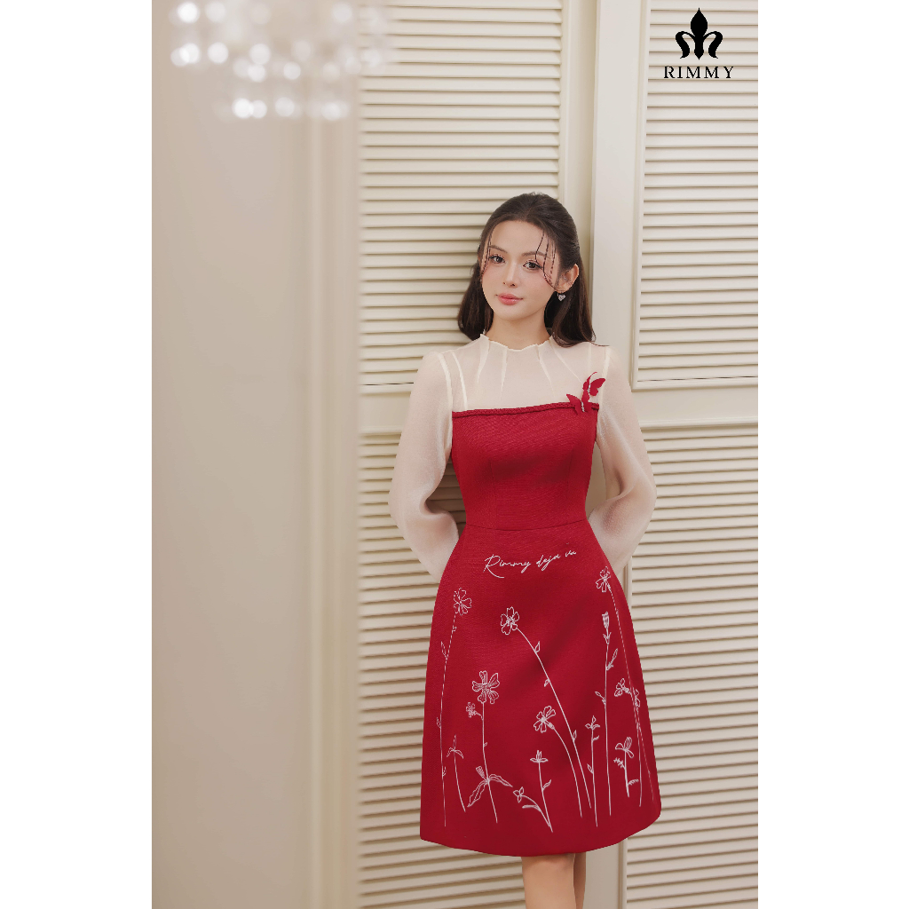 Sandra Đầm Tơ Phối Tuysi Linen Thêu Hoa Thanh Lịch Thời Trang Thiết Kế Rimmy