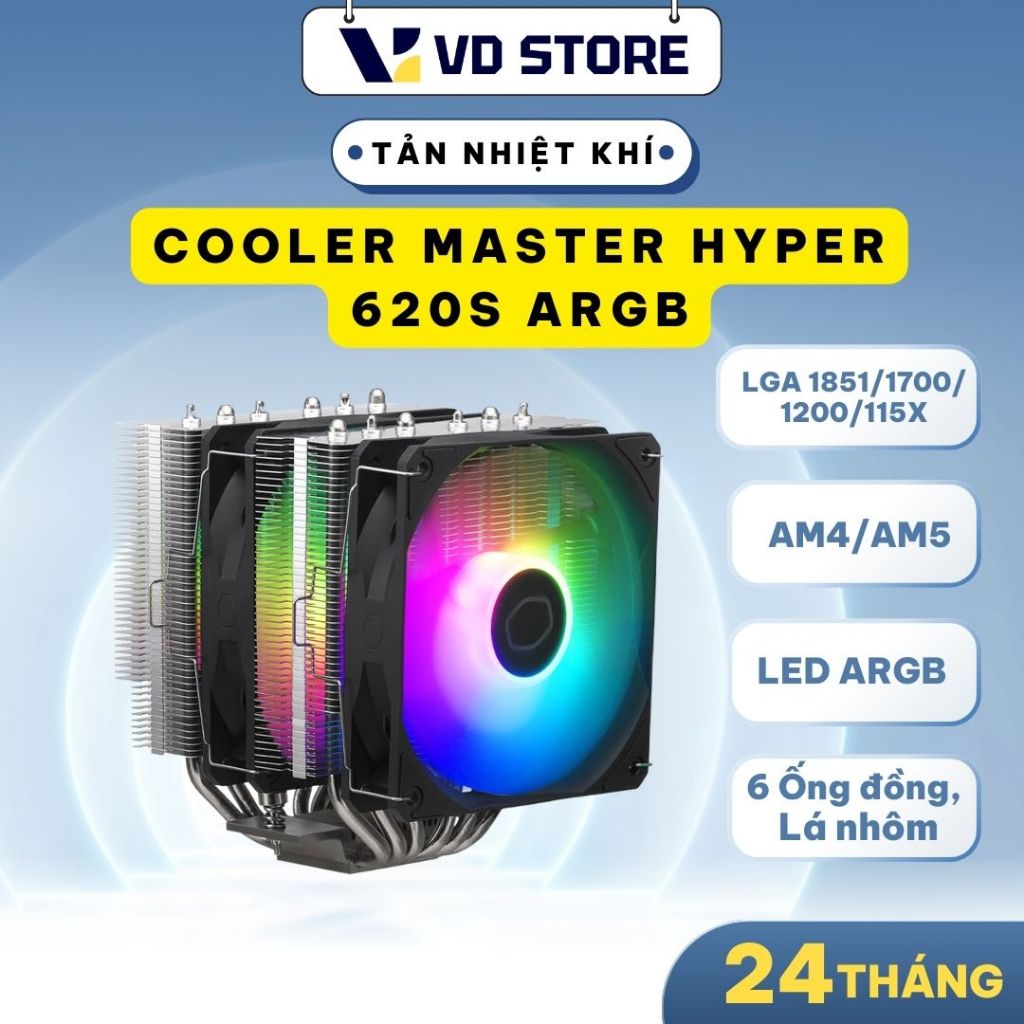 Tản nhiệt khí Cooler Master Hyper 620S ARGB 6HP Dual Tower - LGA1700/ LGA1851/ AM4/AM5