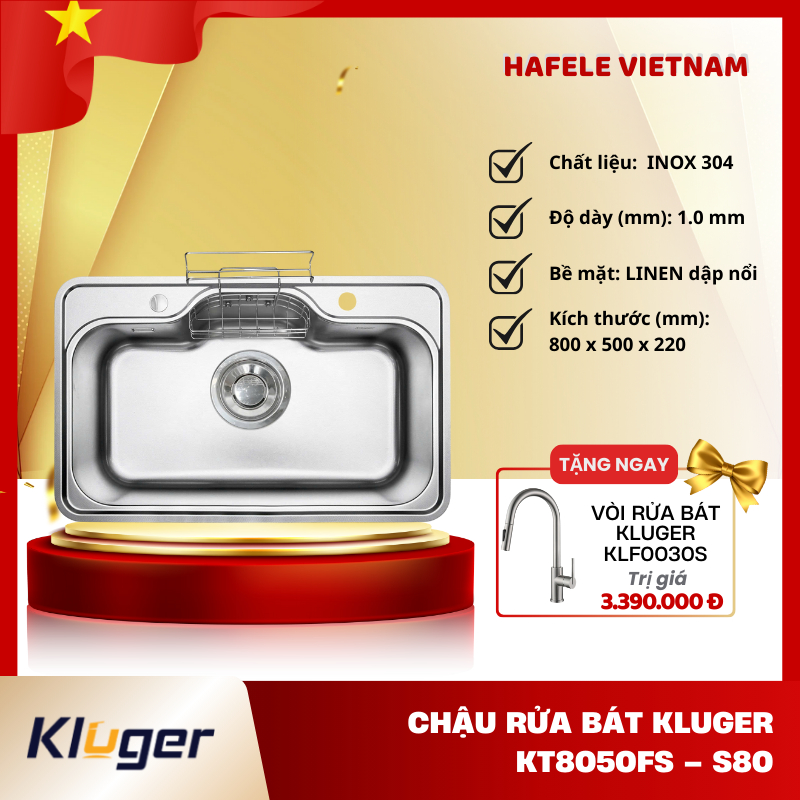 Chậu Rửa Bát Kluger KT8050FS – S80 – Inox 304 Bền Bỉ – Thiết Kế Phong Cách Nhật – FEM