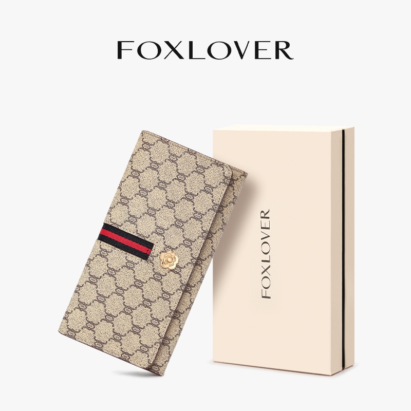 FOXLOVER ví dài nữ với nhiều khe cắm thẻ nâu Khaki