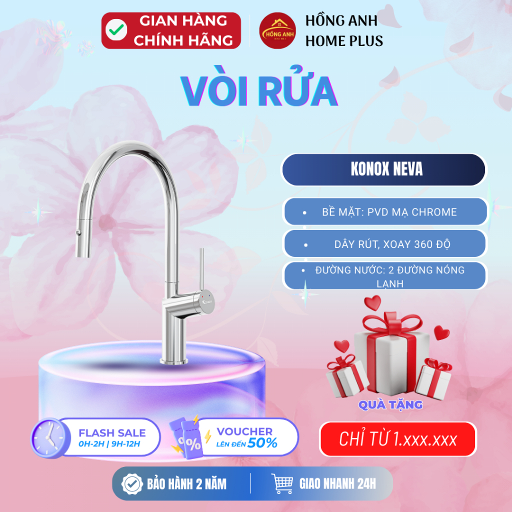 Vòi rửa bát Konox Neva, dây rút xoay 360 độ, nóng lạnh, mạ PVD Chrome, hợp kim đồng CW617N