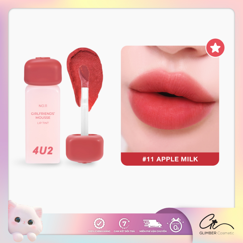 Son Tint Lì Thuần Chay, Mềm Mịn, Lâu Trôi 4U2 Girlfriends' Mousse Lip Tint 3g.