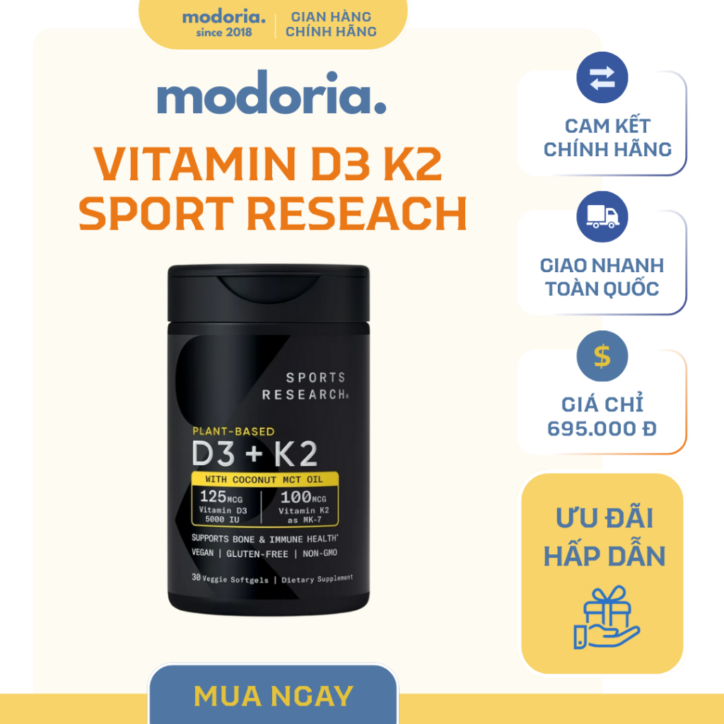 [modoria.] Viên Uống bổ sung Vitamin D3+K2 5000IU Plant-Based  S.R 30 viên Mỹ
