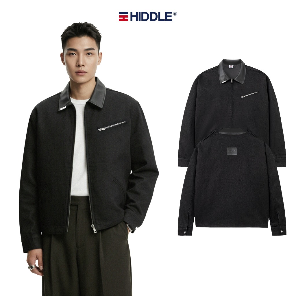Áo khoác kaki nam phối da màu đen Hiddle có túi trong hỗ trợ size từ 40-80kg | H-AK8