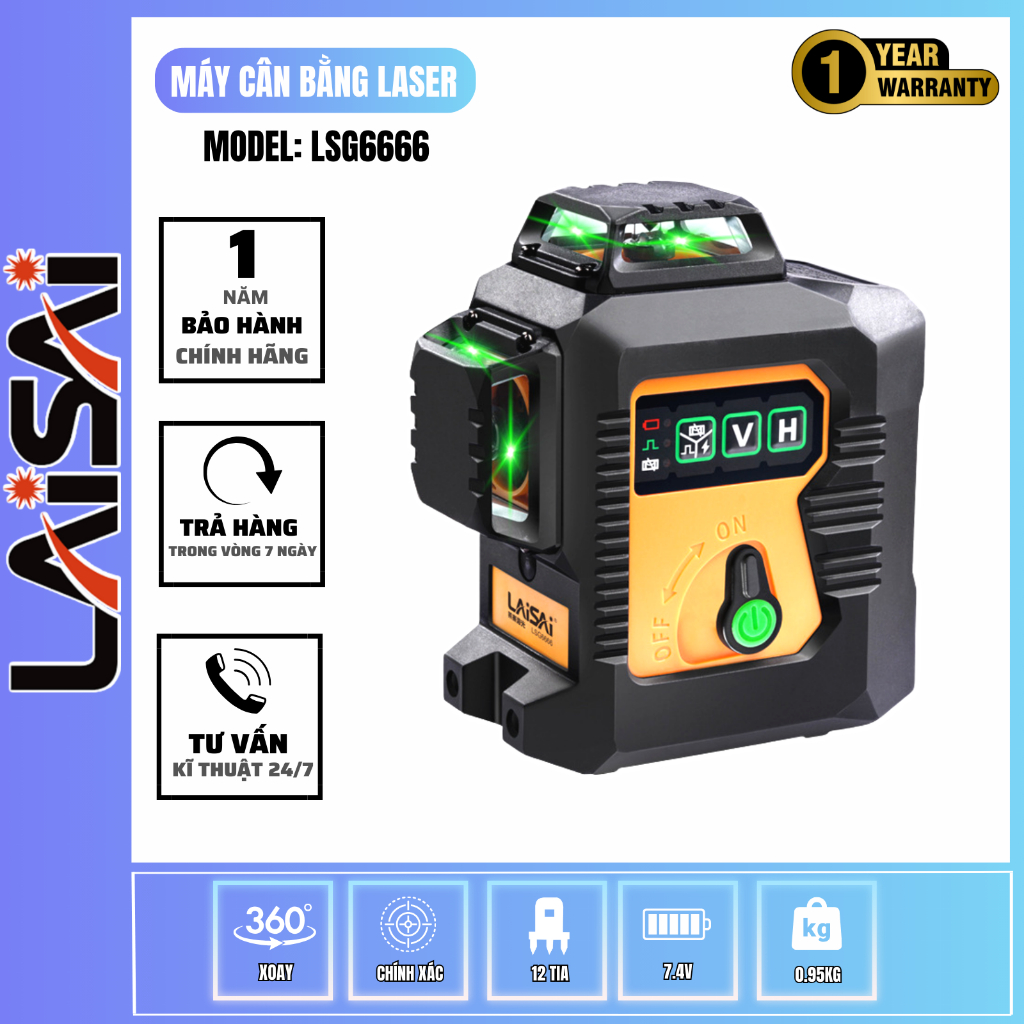 Máy Cân Bằng Laser 12 Tia Xanh LAISAI LSG6666 Cao Cấp Chính Hãng Tia Siêu Sáng Tự Cân Bằng IP54