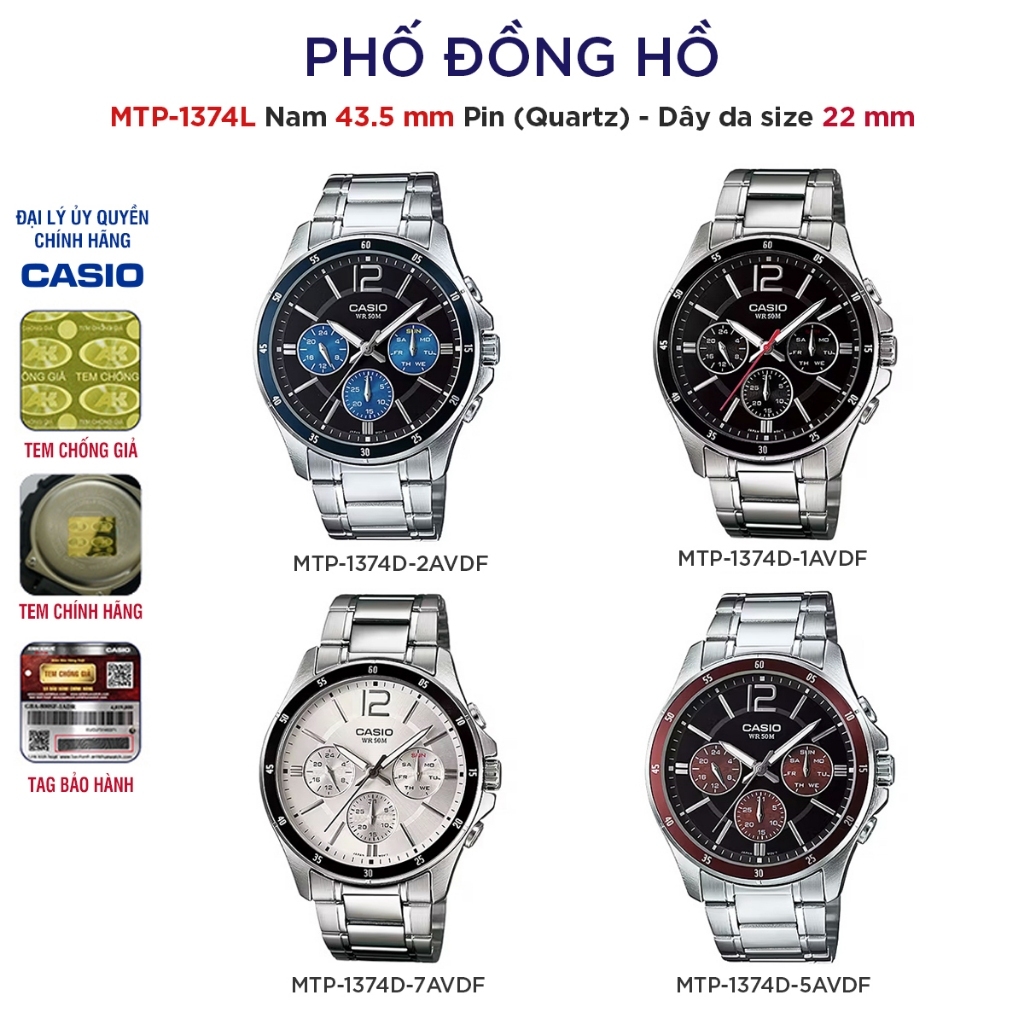Đồng hồ nam Dây kim loại Casio Anh Khuê Series MTP-1374D Chính hãng