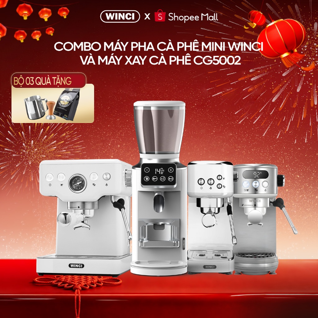 [Bao Gồm VAT] Combo Máy Pha Cà Phê Winci và Máy xay cà phê Winci CG5002, dùng cho gia đình.