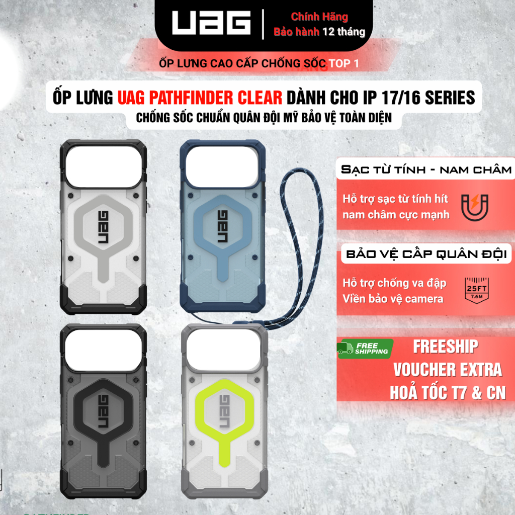 Ốp Lưng UAG Pathfinder Clear Sạc Từ Tính – Chống Sốc Chuẩn Quân Đội lên tới 4.8m Dành Cho iPhone 17/