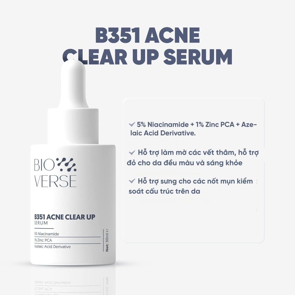 Tinh Chất Niacinamide 5% + Zinc 1% Hỗ Trợ Mụn Bioverse B351 Acne Clear Up Serum 30ml