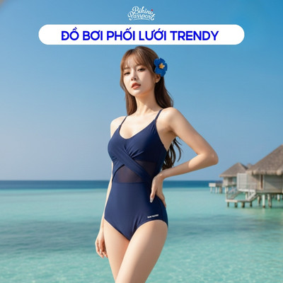 Đồ bơi một mảnh nữ phối lưới trendy đi resort - Bikini Passport - BS530_NV