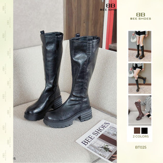Boot đùi nữ BEESHOES da bóng mũi tròn đế vuông cao 6 phân sẵn màu kem - đen - nâu BT025 (Form 1.5)