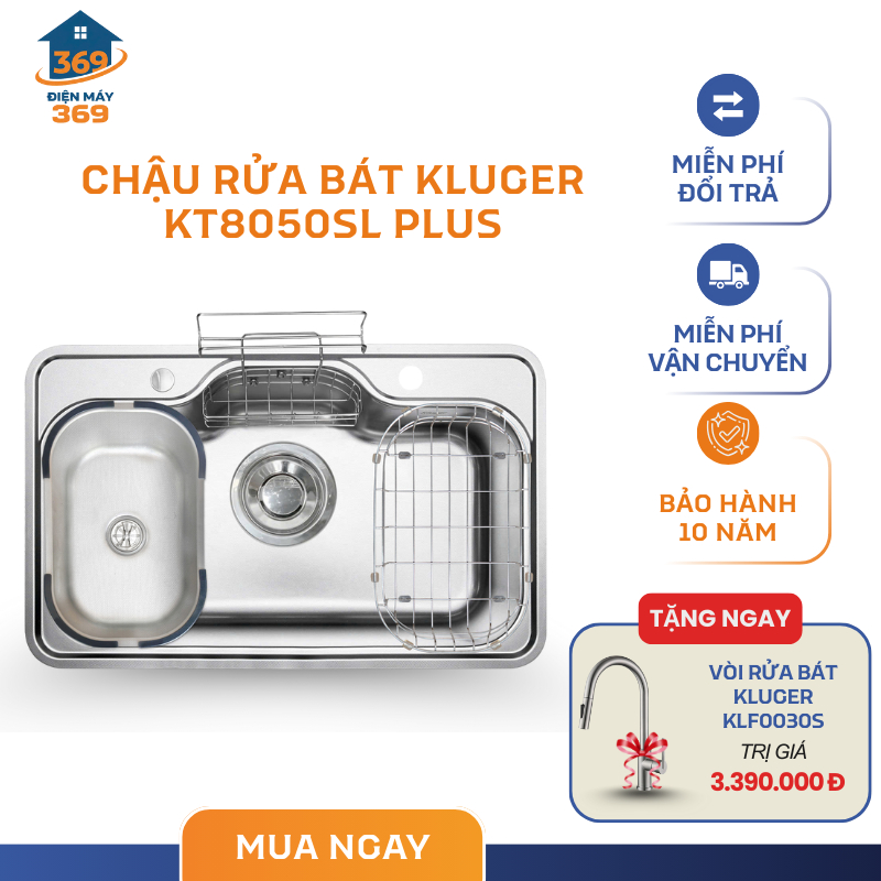 Chậu Rửa Bát 1 Hố Kluger KT8050SL Plus - Chống Bám Dầu Mỡ - Hạn Chế Trầy Xước - SMC