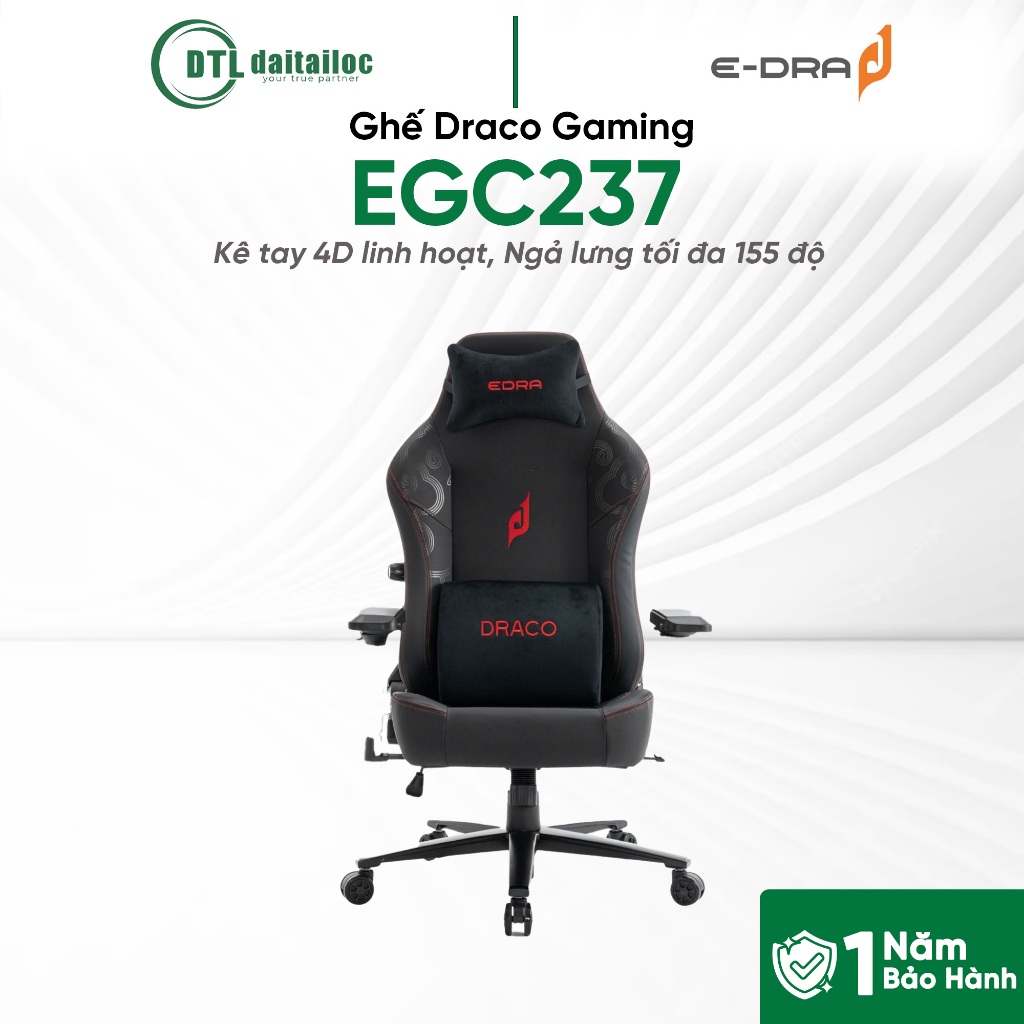 Ghế Draco Gaming EGC237, Kê tay 4D linh hoạt, Ngả lưng tối đa 155 độ | Chính Hãng | Bảo Hành 12 Thán