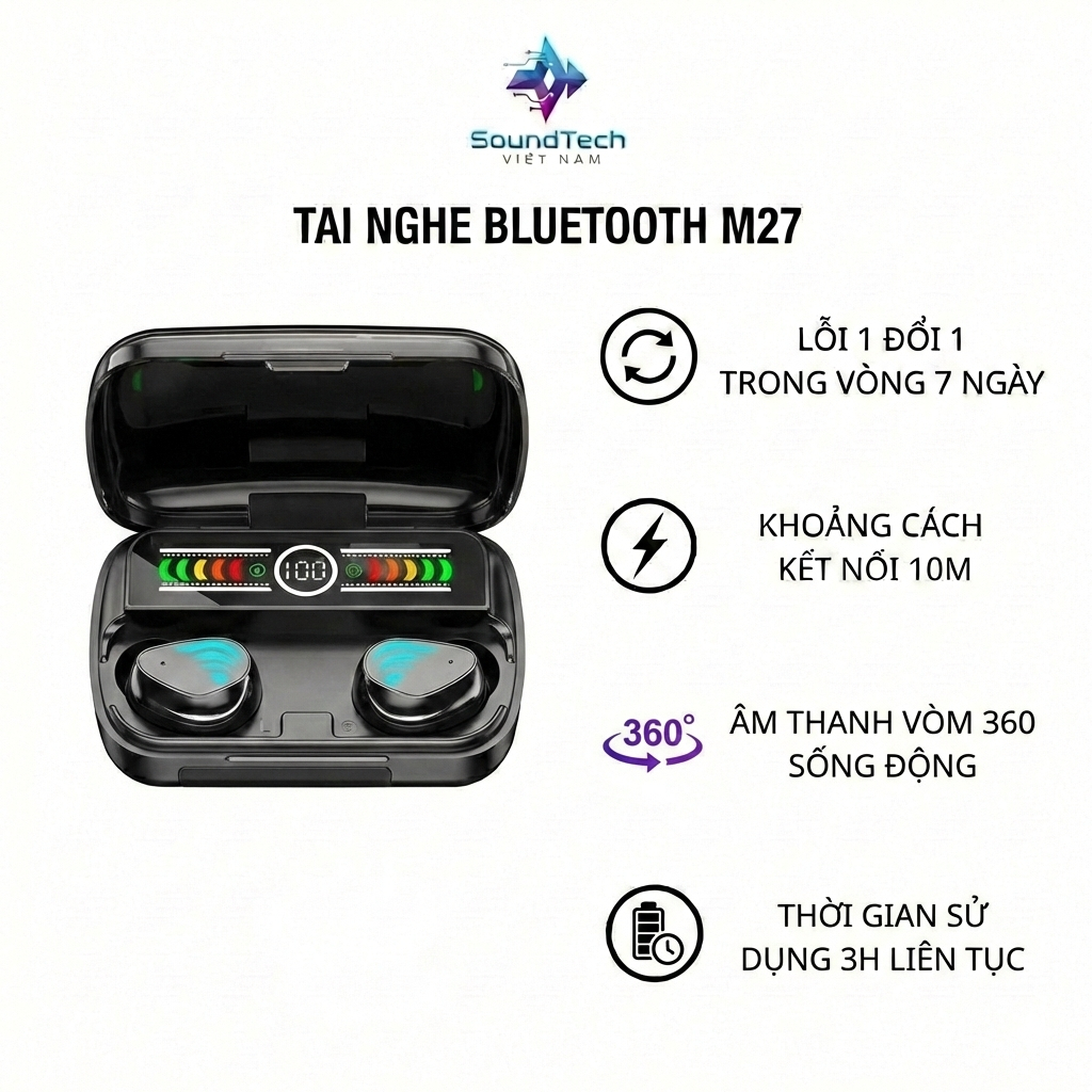Tai nghe Bluetooth M27 SoundTech âm thanh vòm 360 sống động, xem phim nghe nhạc liên tục 3h