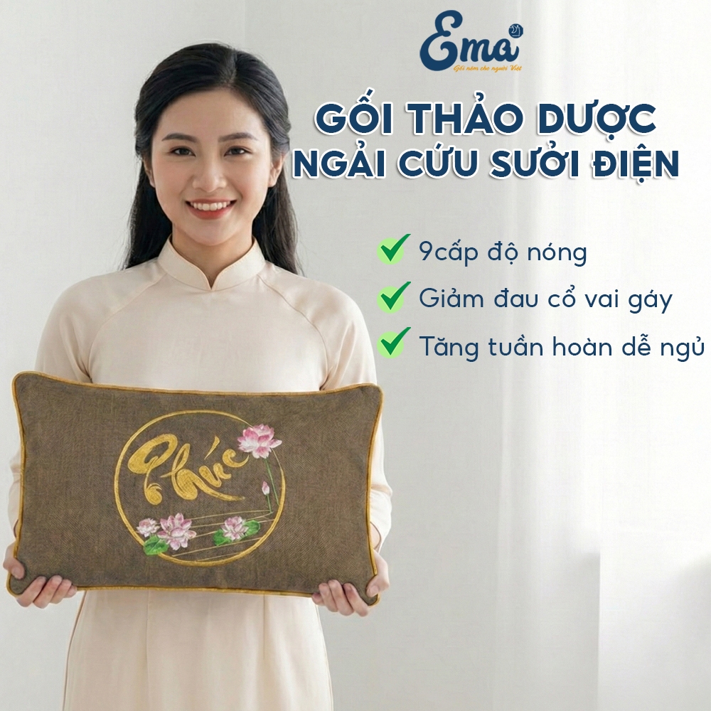 Gối Thảo Dược Ngải Cứu Sưởi Điện Chính Hãng EMA giúp làm ấm, giảm đau mỏi cổ vai gáy, hỗ trợ ngủ sâu | BigBuy360 - bigbuy360.vn