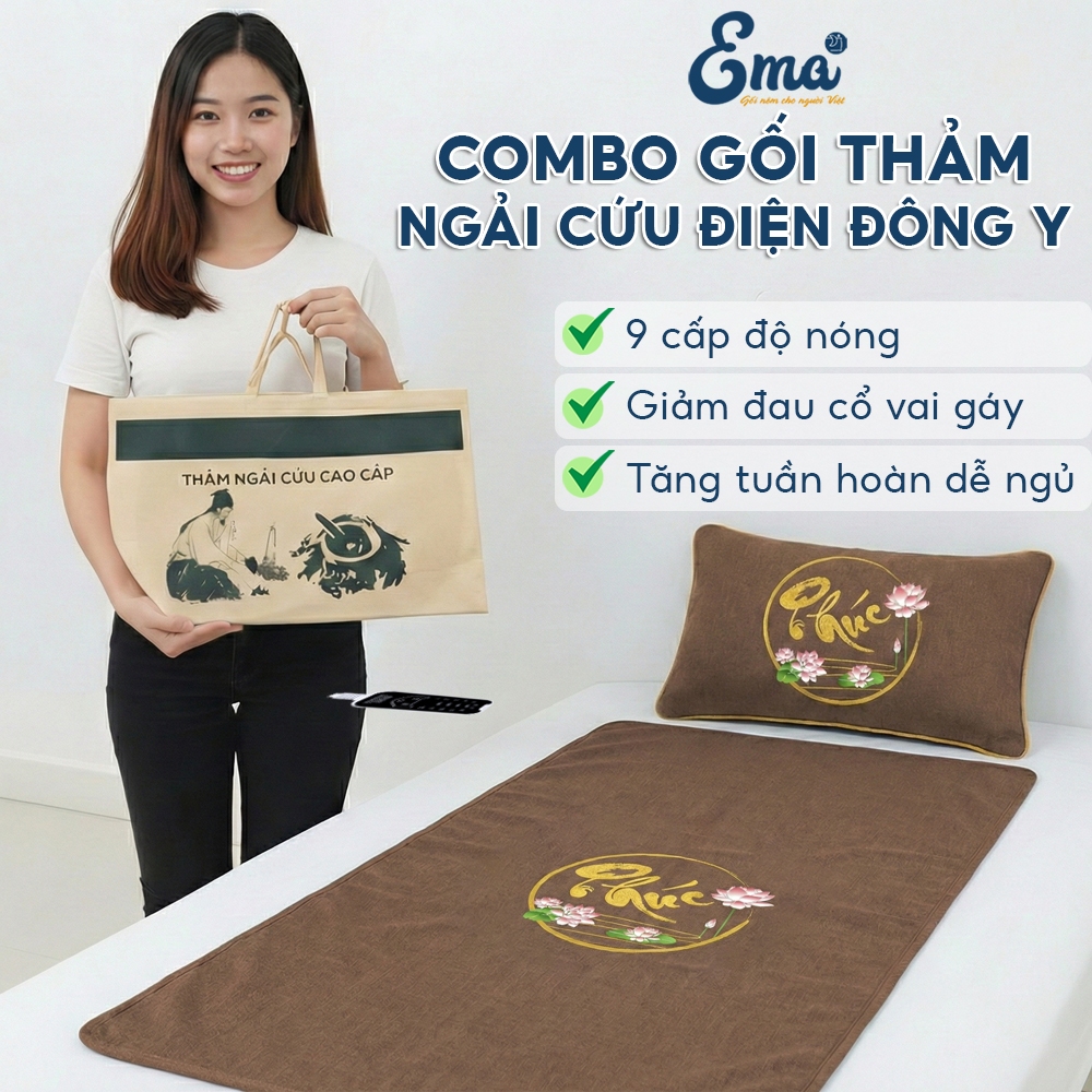 Combo Gối và Thảm Ngải Cứu Điện Đông Y EMA chăm sóc sức khỏe cao cấp, giúp giảm đau mỏi - giữ ấm
