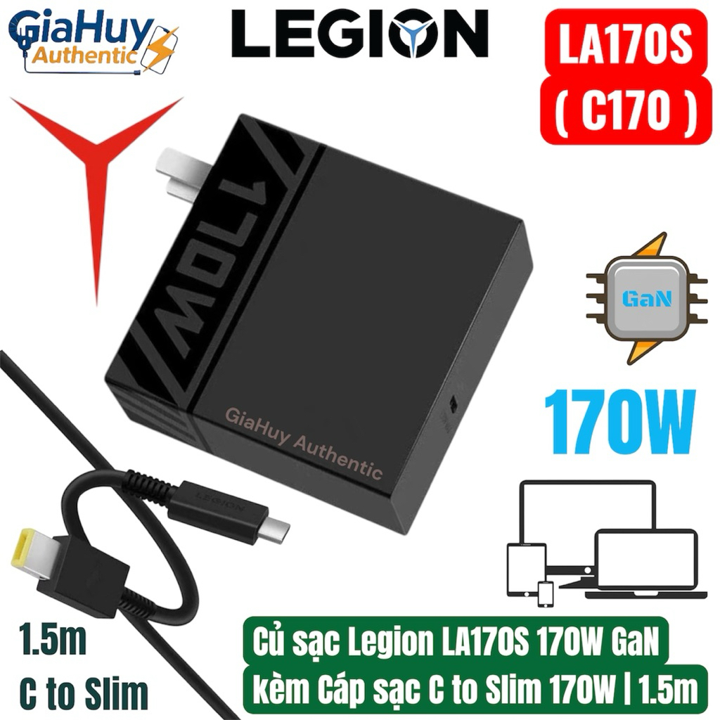 Củ sạc nhanh C170 LEGION LA170 GaN 170W, tặng kèm: Cáp sạc C to Slim 170W dài 1.5m, sạc nhanh Laptop