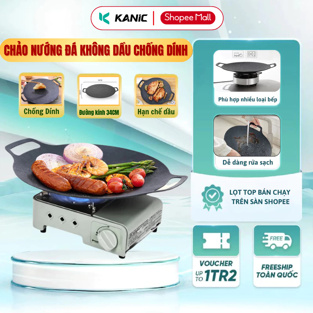 Chảo nướng đá không dầu KANIC đa năng size 34cm chống dính nướng thịt BBQ dùng được cho mọi loại bếp