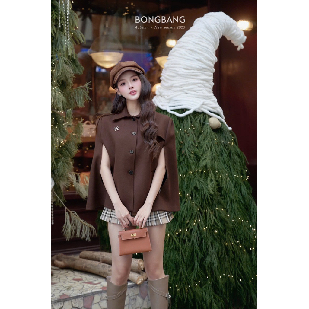 [S2.4276] Set Áo Dạ Choàng Nâu Kèm Tang Nơ Mix Chân Váy Kẻ | BigBuy360 - bigbuy360.vn