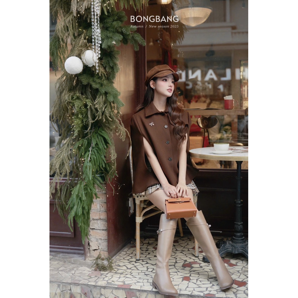 [S2.4276] Set Áo Dạ Choàng Nâu Kèm Tang Nơ Mix Chân Váy Kẻ | BigBuy360 - bigbuy360.vn