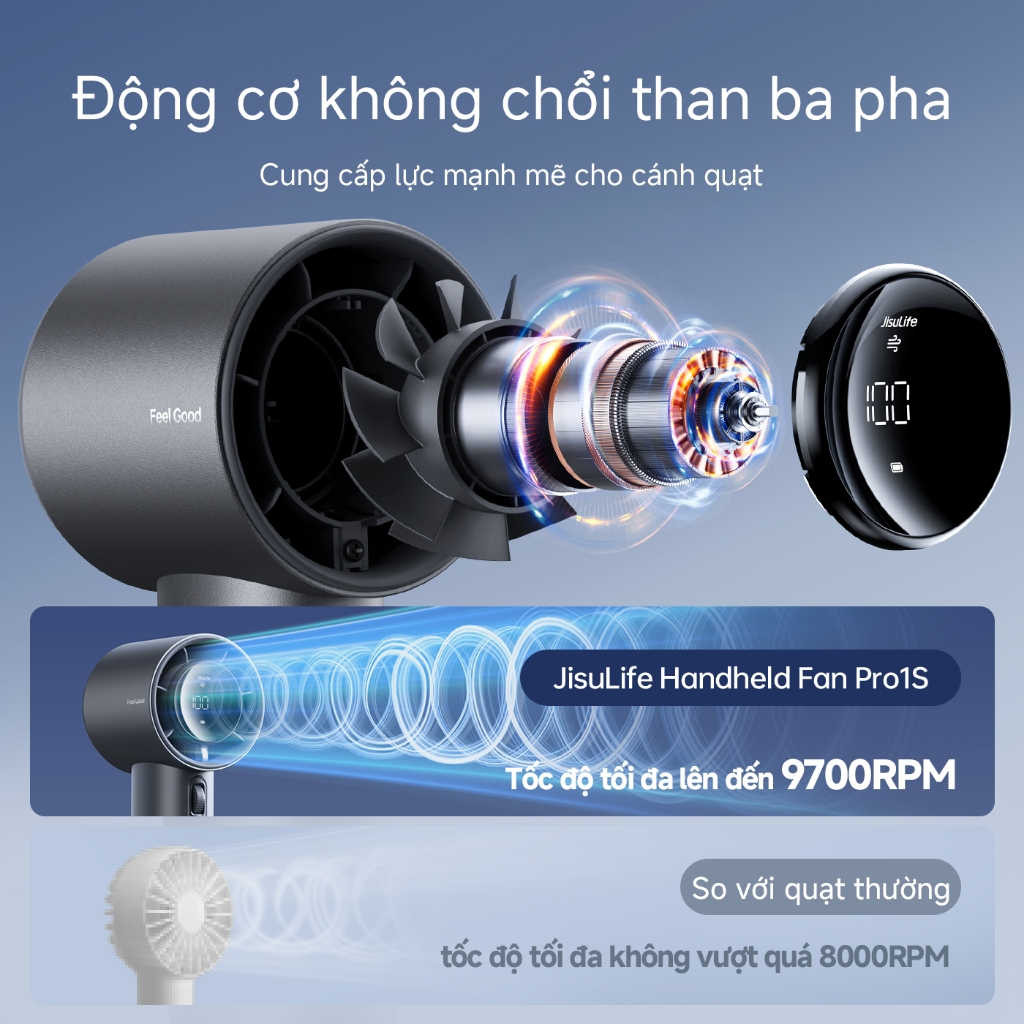 Quạt tay JisuLife Pro1/S siêu nhỏ gọn gió siêu mạnh pin trâu 100 cấp độ điều chỉnh màn hình LED sạc điện để bàn dã ngoại | BigBuy360 - bigbuy360.vn