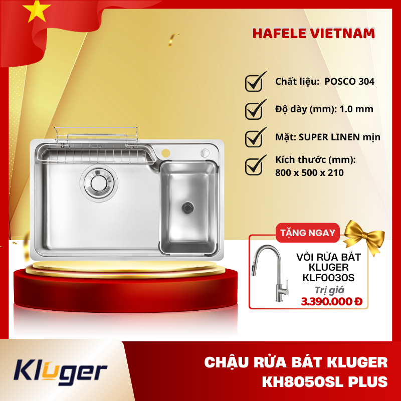 Chậu Bếp Kluger KH8050SL Plus – Inox POSCO 304 1.0mm, Phủ Nano Ceramic Chống Bám Dầu Mỡ - FEM
