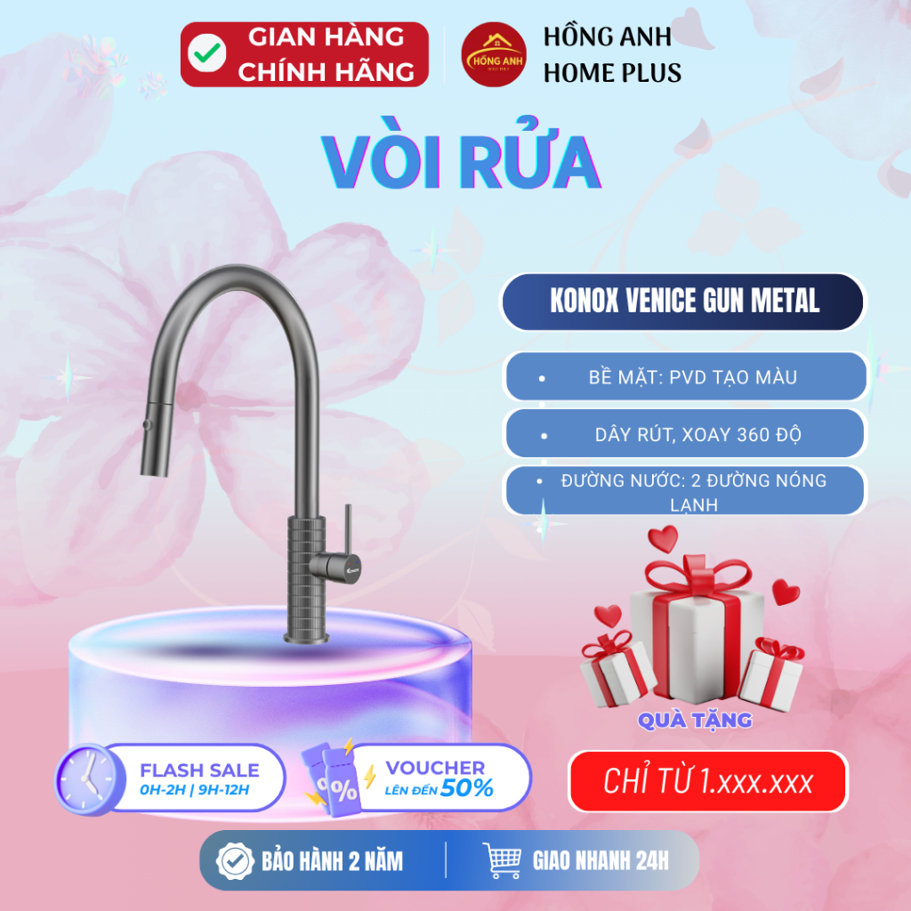 Vòi rửa bát Konox Venice Gun Metal, dây rút xoay 360 độ, nóng lạnh, mạ PVD xám, hợp kim đồng CW617N