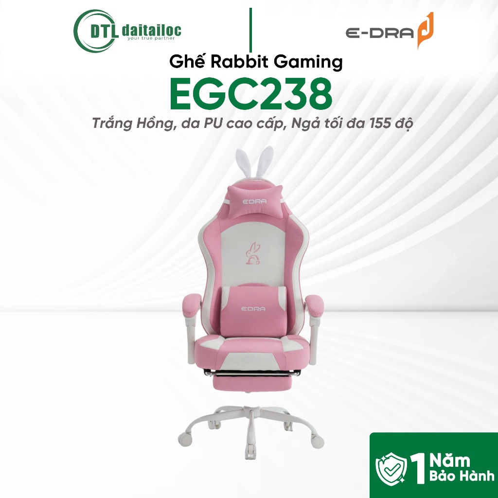 Ghê Rabbit Gaming EGC238, Trắng Hồng, da PU cao cấp, Ngả tối đa 155 độ | Chính Hãng | Bảo Hành 12 Th