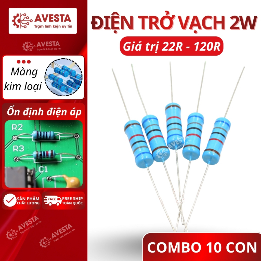 Điện trở vạch 2W 22R – 120R 1% chân đồng (túi 10 con) Avesta