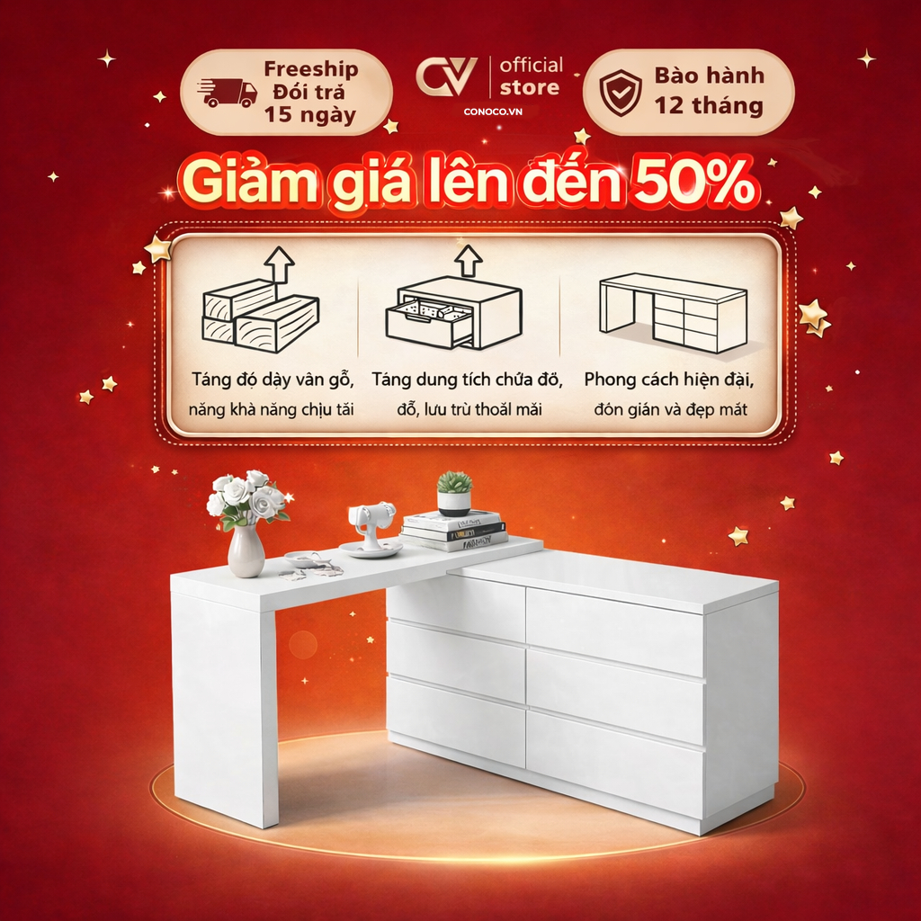 CONOCO Bàn trang điểm hiện đại gỗ MDF chống ẩm nhiều ngăn kéo lớn sức chứa rộng dễ lắp ráp