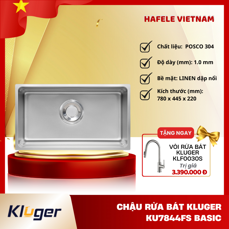 Chậu Rửa Bát KU7844FS Basic - Inox POSCO 304 Cao Cấp - Thiết Kế 1 Hố Sâu Lòng - PEM