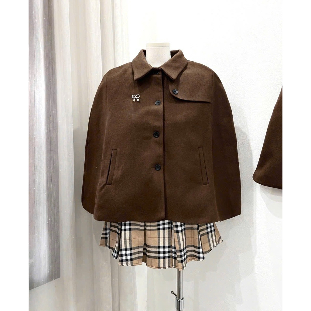 [S2.4276] Set Áo Dạ Choàng Nâu Kèm Tang Nơ Mix Chân Váy Kẻ | BigBuy360 - bigbuy360.vn