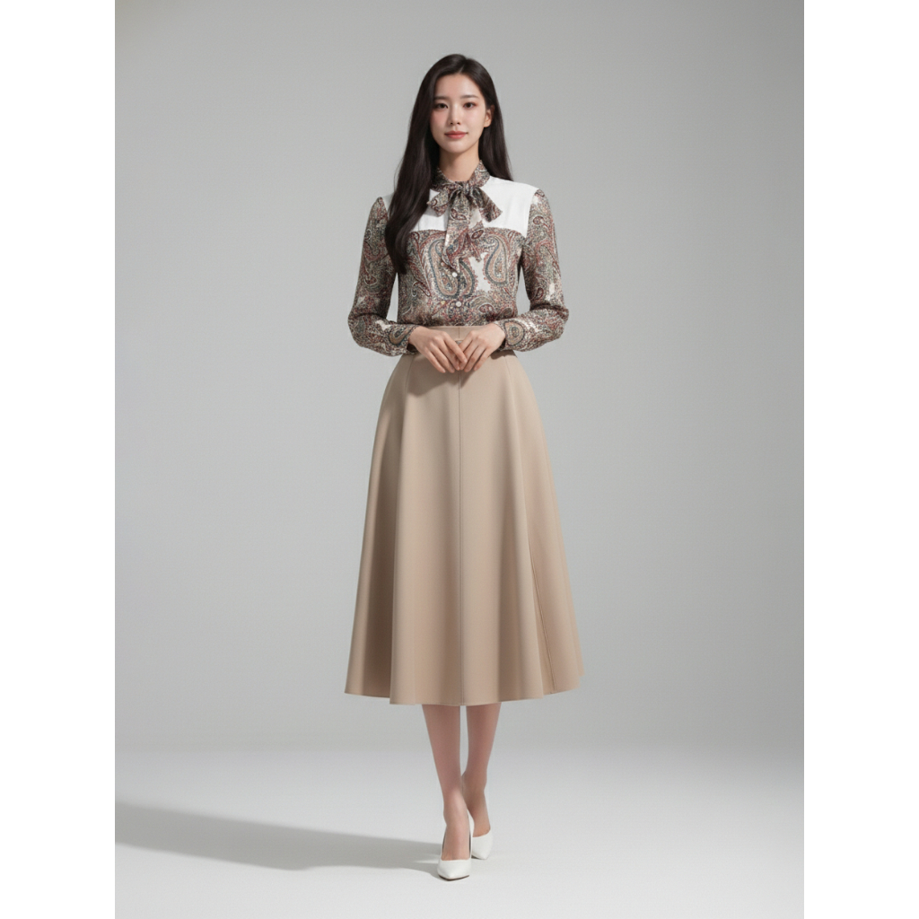 [ONLINE] Áo sơ mi  nữ Format 10005747 Phối Vải Cổ Buộc Nơ Chất Liệu Mềm Mại