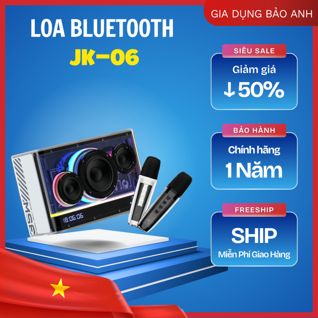Loa Karaoke Bluetooth JK 06 Âm Thanh Hay Cực Đỉnh Thiết Kế Đẹp - Đèn Led Bền Tặng Kèm 2 Micro Cao Cấ