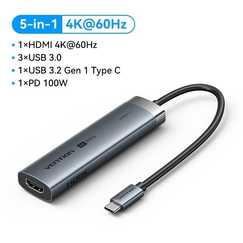 Bộ Hub Chuyển Đổi 5 in 1 Vention, 4 Cổng USB 3.0, HDMI 4K@60Hz, Truyền Dữ Liệu 5Gbps , Hỗ Trợ Micro,Cho Máy Tính, Laptop | BigBuy360 - bigbuy360.vn