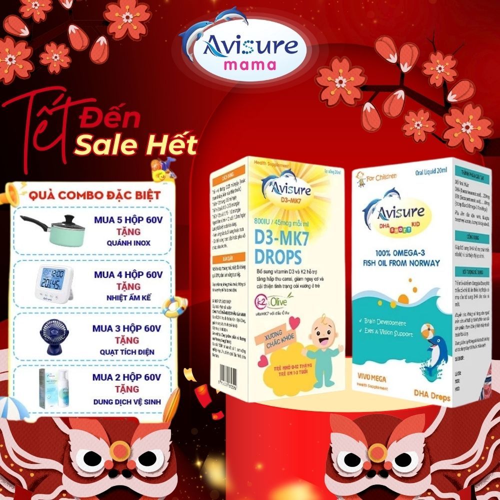 Combo Avisure D3MK7 và Avisure DHA smart kid hỗ trợ bé cao lớn, thông minh, mắt sáng 40ml