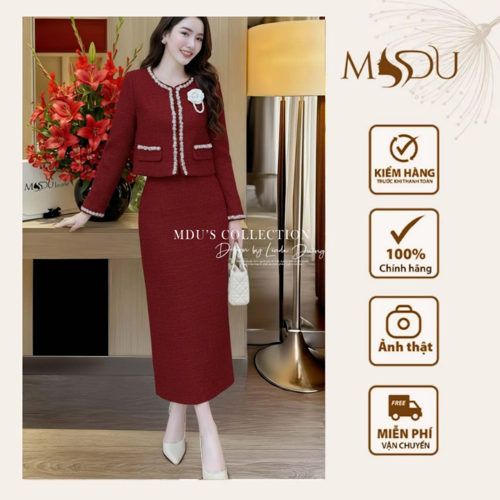 Váy Thiết Kế MDU5864 Set Dạ Tweed Đỏ Đô Áo Đính Đá Chân Váy Dài Sang Trọng Thanh Lịch
